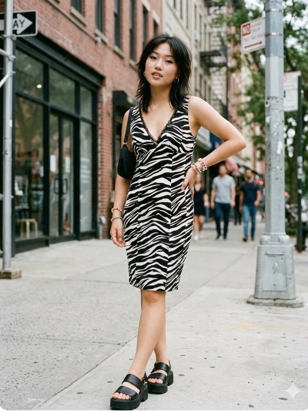 bebe Y2K Black & White Zebra Print Midi Slip Dress Cotton Blend Bodycon